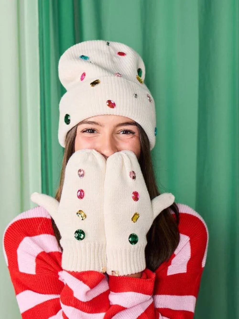Snow Cute Sparkle Beanie and Mittens Set